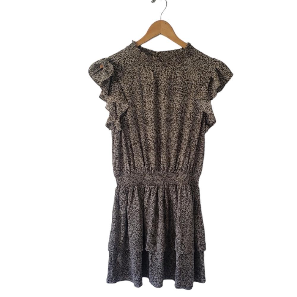 Korl Animal Print Dress. Tiered Dress. Ruffles. Size Small. Black Grey
